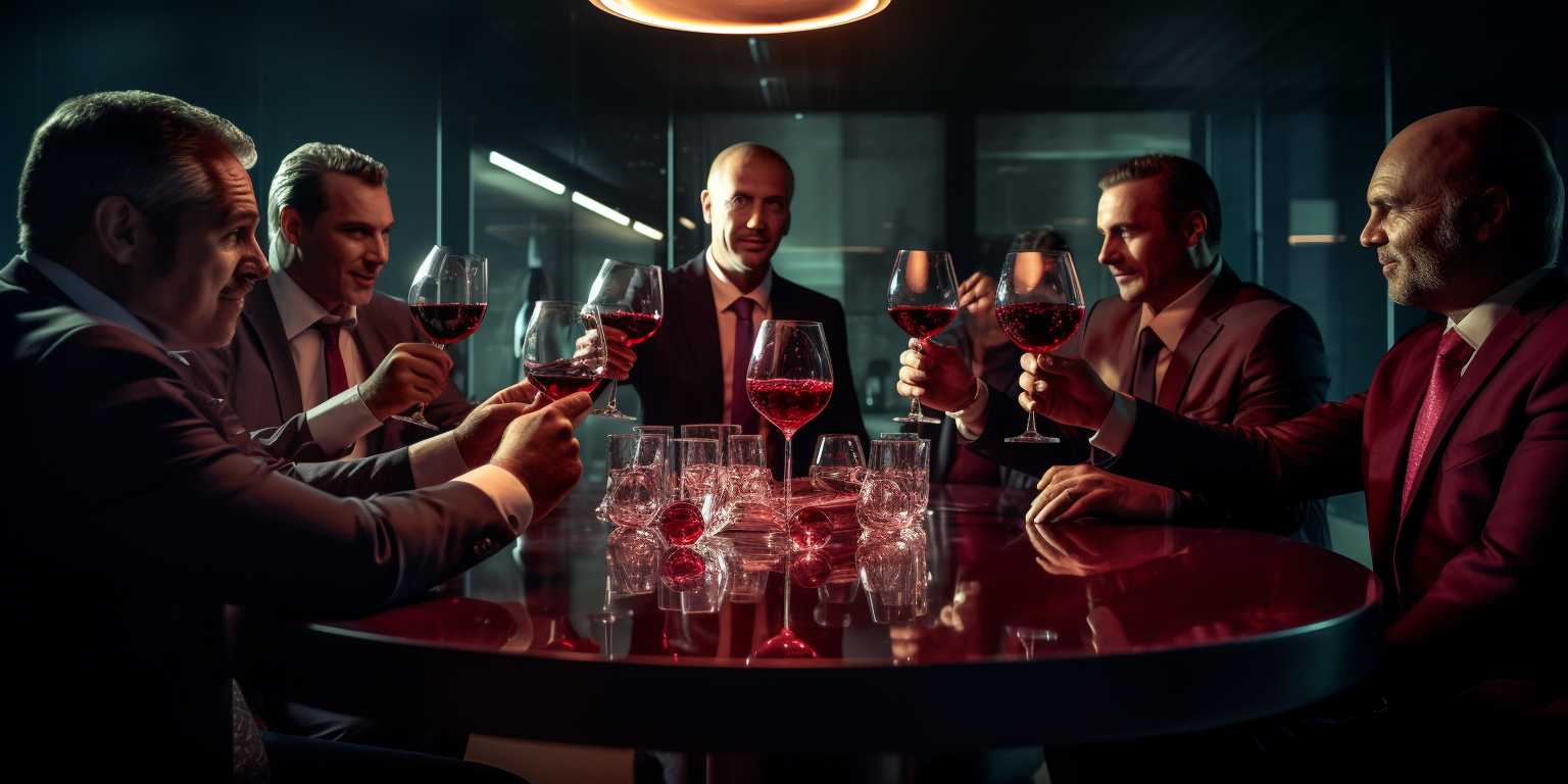 Image of a group of businessmen chugging red wine at a table