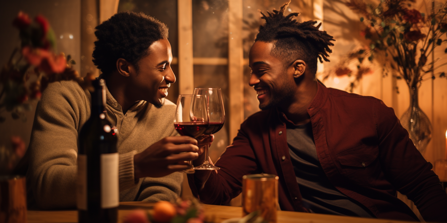 Image of two young, black men sharing an intimate and romantic dinner and wine