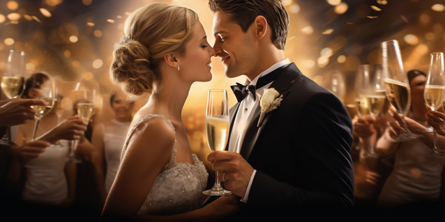 Image of wedding party at wedding, having champagne and toasting the bride and groom