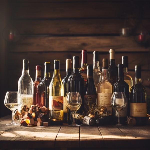 Wine bottles grouped together on a wood table under natural light