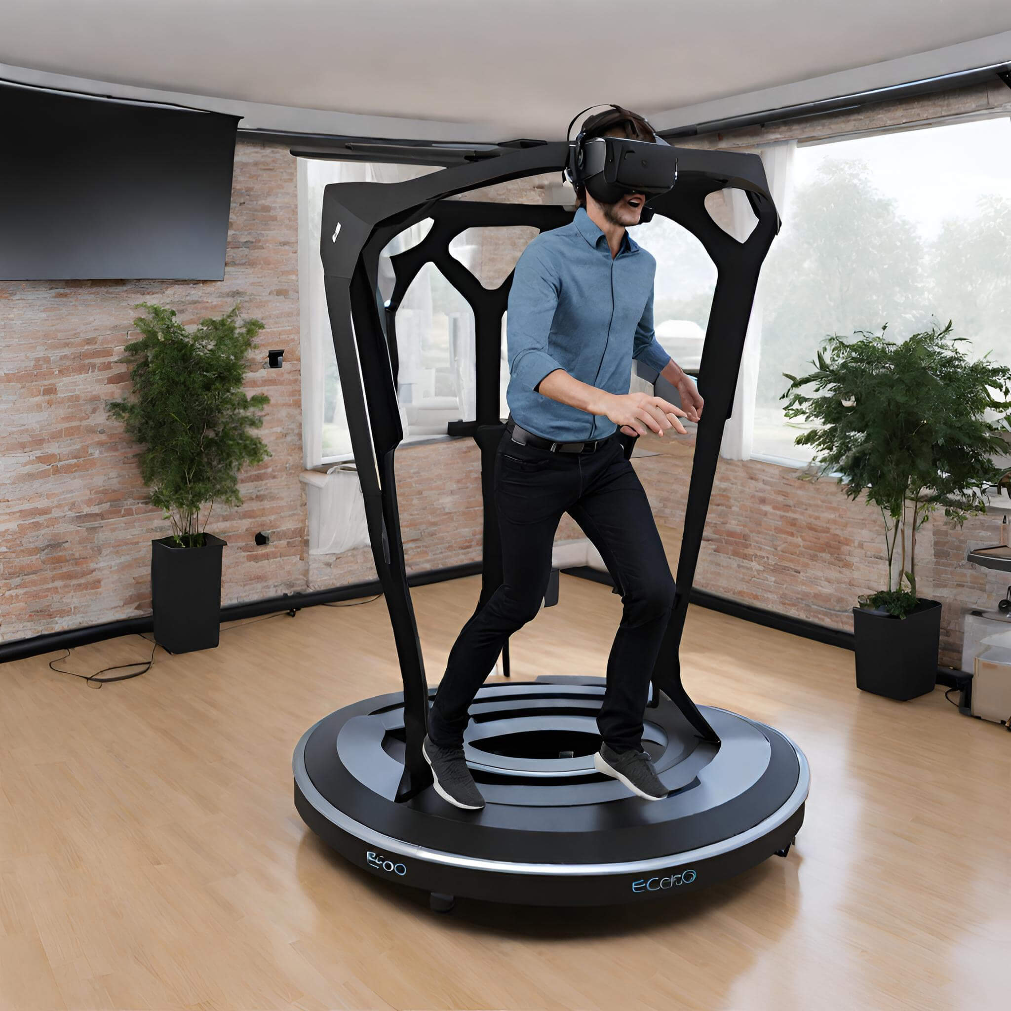 Man using a VR headset while walking on a treadmill