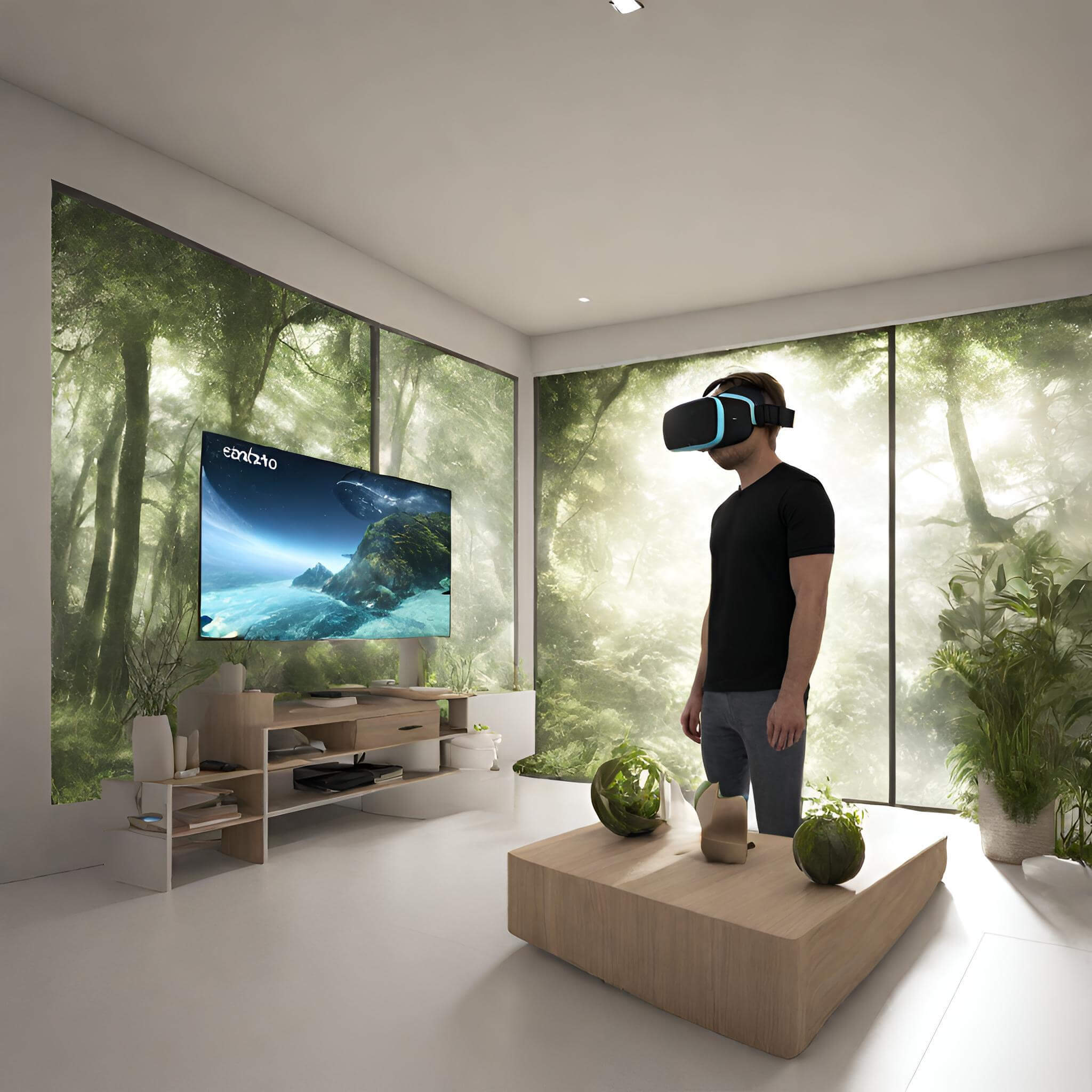 Man using VR headset in the living room, standing in front of a TV.