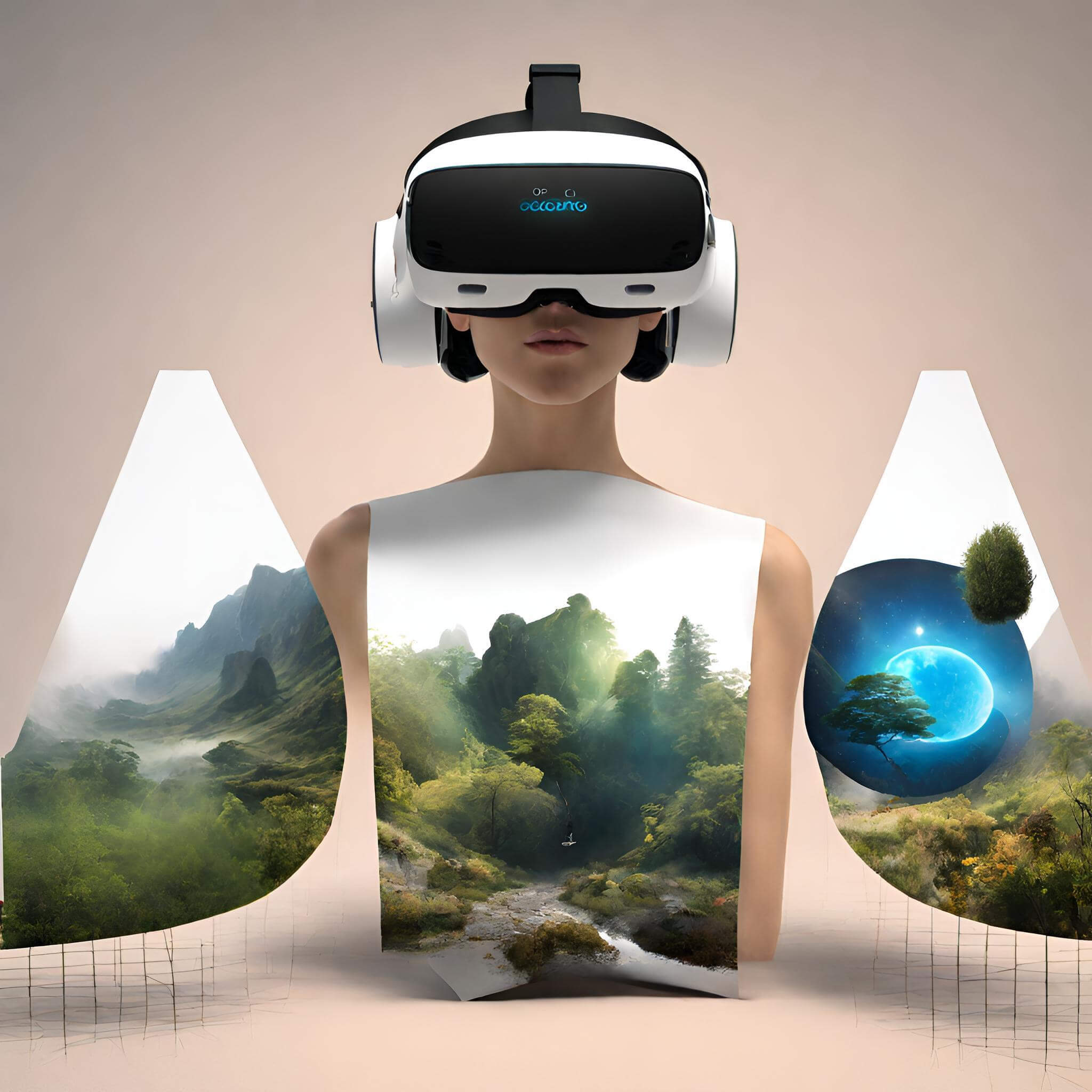 Woman from the waist up wearing a VR headset with nature images projected onto her chest and arms.